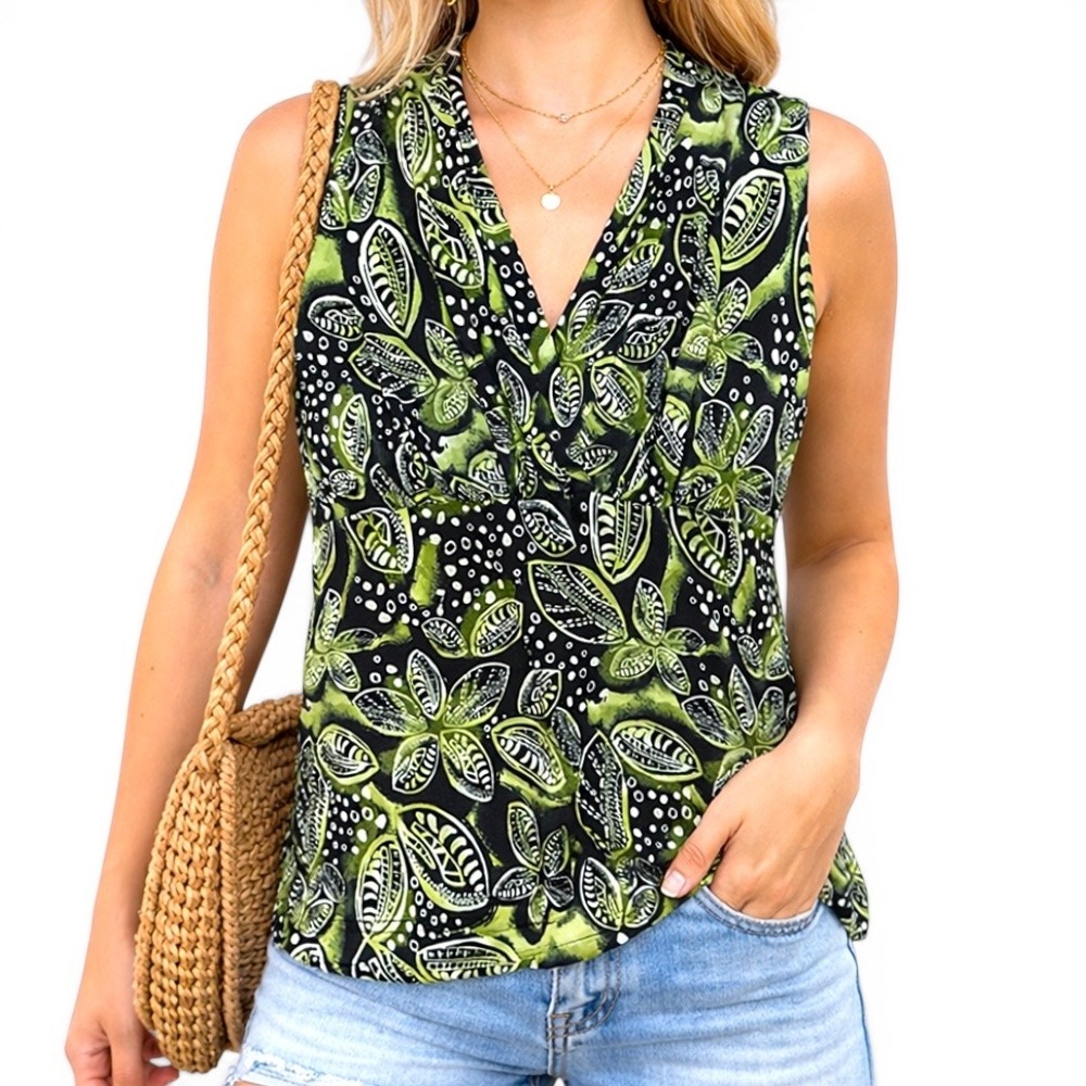 JKLA California Large Green Black Tropical Floral‎ V-Neck Sleeveless Blouse L